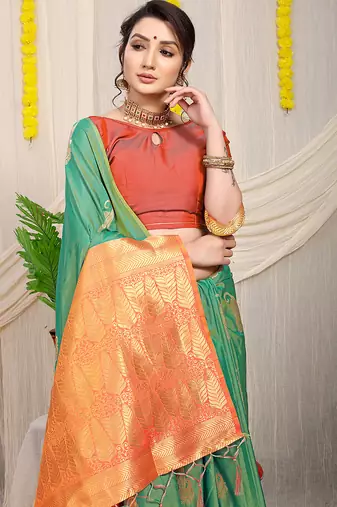 Sea green silk blend saree with rich zari paisley weaving & orange contrast border