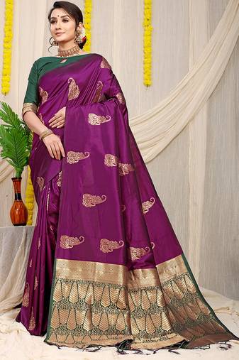 Wine silk blend saree with rich zari paisley weaving & dark green contrast border