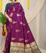 Wine silk blend saree with rich zari paisley weaving & dark green contrast border