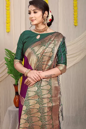 Wine silk blend saree with rich zari paisley weaving & dark green contrast border