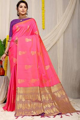Rani pink silk blend saree with rich zari paisley weaving & purple contrast border 1