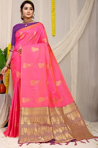 Rani pink silk blend saree with rich zari paisley weaving & purple contrast border
