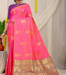 Rani pink silk blend saree with rich zari paisley weaving & purple contrast border