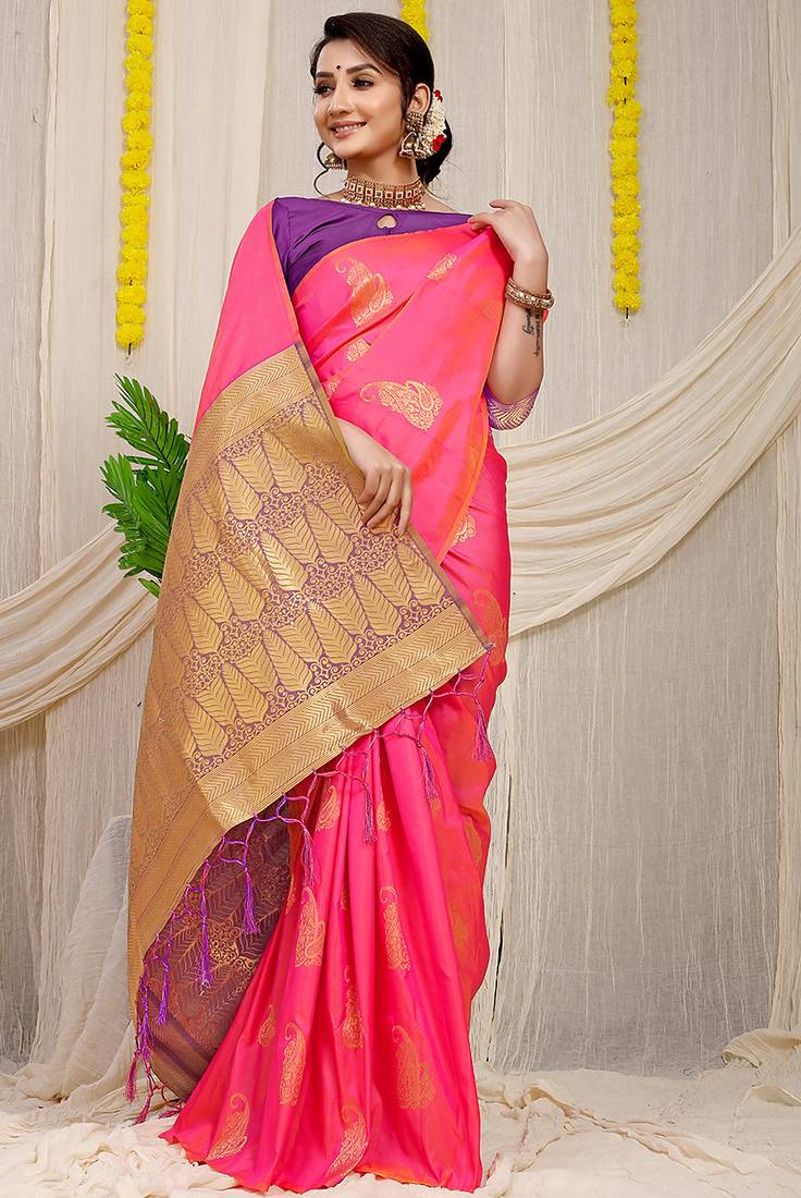 Rani pink silk blend saree with rich zari paisley weaving & purple contrast border