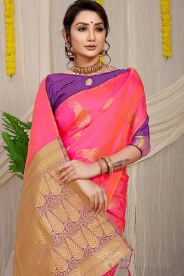 Rani pink silk blend saree with rich zari paisley weaving & purple contrast border 3