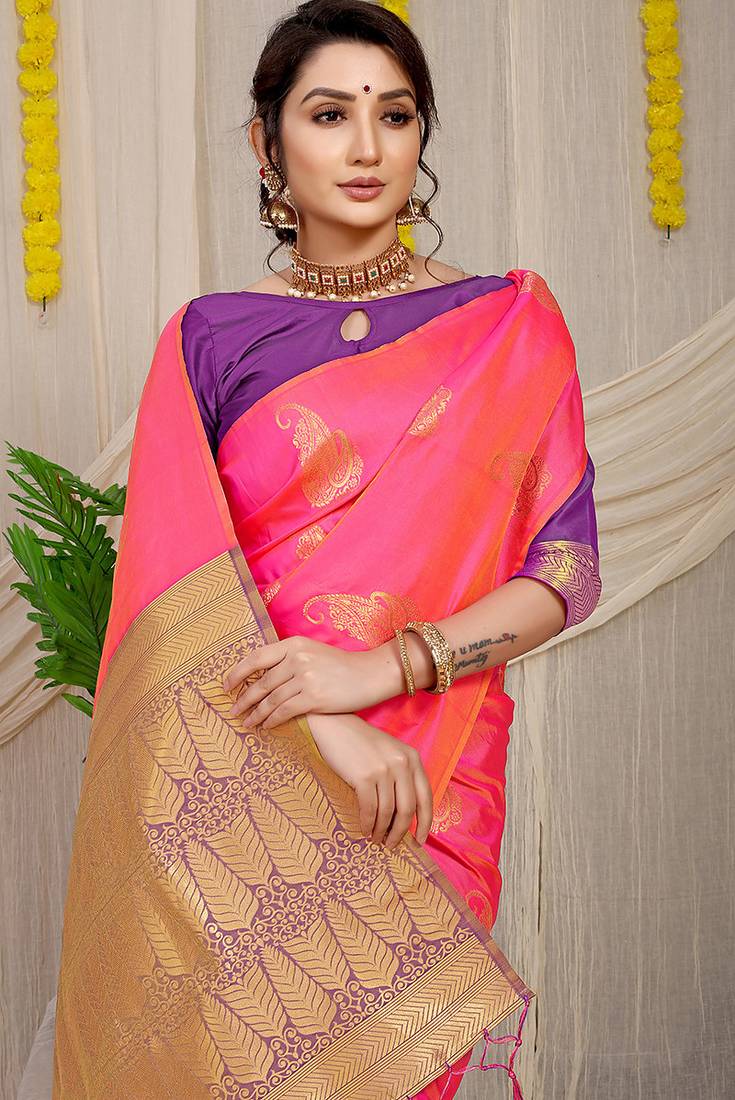 Rani pink silk blend saree with rich zari paisley weaving & purple contrast border