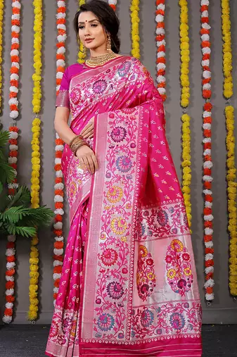 Rani pink banarasi silk blend saree with multicolor floral zari weaving