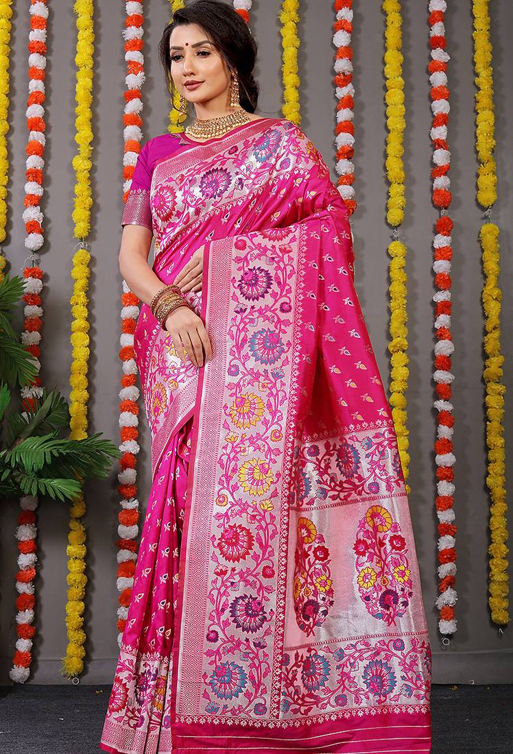 Rani pink banarasi silk blend saree with multicolor floral zari weaving