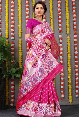 Rani pink banarasi silk blend saree with multicolor floral zari weaving 2