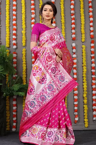 Rani pink banarasi silk blend saree with multicolor floral zari weaving
