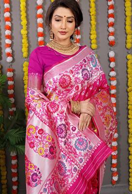 Rani pink banarasi silk blend saree with multicolor floral zari weaving 3