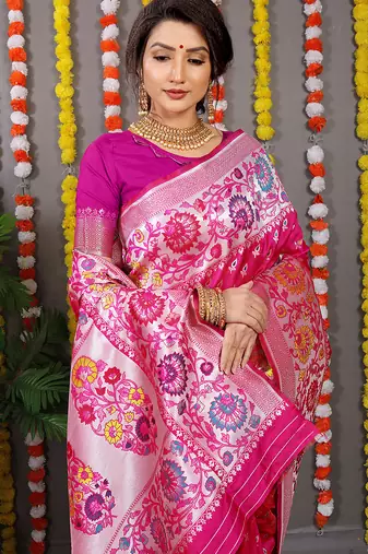 Rani pink banarasi silk blend saree with multicolor floral zari weaving