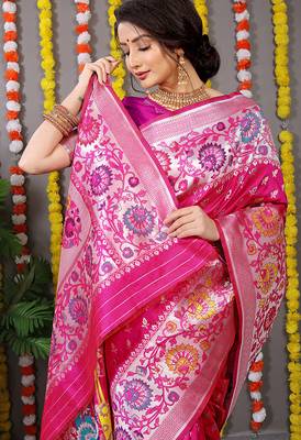 Rani pink banarasi silk blend saree with multicolor floral zari weaving 4