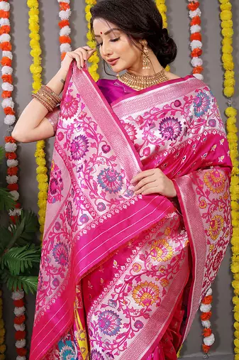Rani pink banarasi silk blend saree with multicolor floral zari weaving