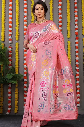 Baby pink banarasi silk blend saree with multicolor floral zari weaving