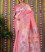 Baby pink banarasi silk blend saree with multicolor floral zari weaving