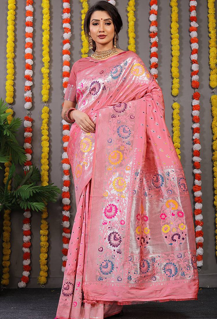Baby pink banarasi silk blend saree with multicolor floral zari weaving