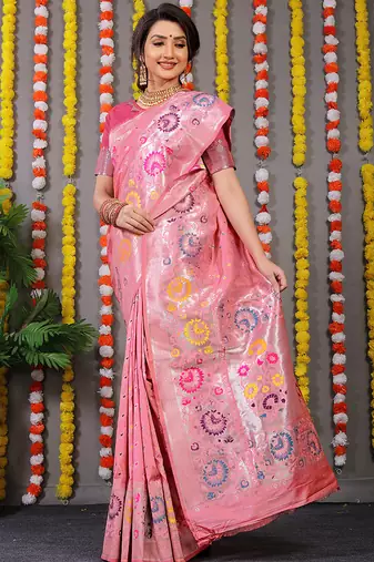 Baby pink banarasi silk blend saree with multicolor floral zari weaving