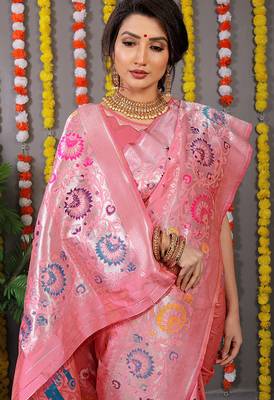 Baby pink banarasi silk blend saree with multicolor floral zari weaving 4