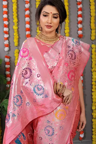 Baby pink banarasi silk blend saree with multicolor floral zari weaving