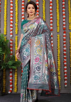 Teal banarasi silk blend saree with multicolor floral zari weaving 1