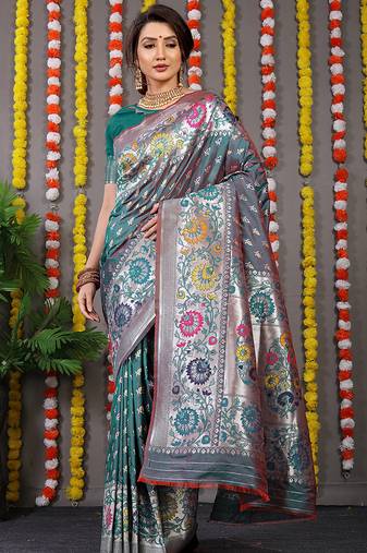 Teal banarasi silk blend saree with multicolor floral zari weaving