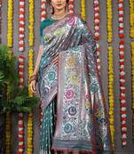 Teal banarasi silk blend saree with multicolor floral zari weaving