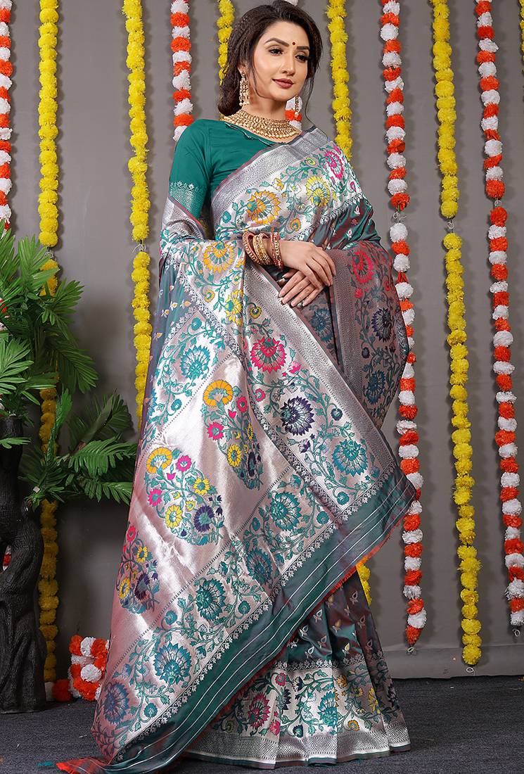 Teal banarasi silk blend saree with multicolor floral zari weaving