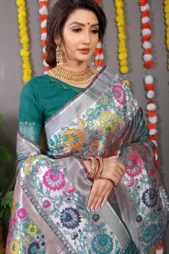 Teal banarasi silk blend saree with multicolor floral zari weaving