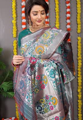 Teal banarasi silk blend saree with multicolor floral zari weaving 4