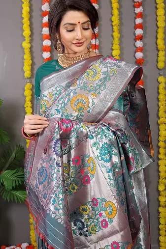 Teal banarasi silk blend saree with multicolor floral zari weaving