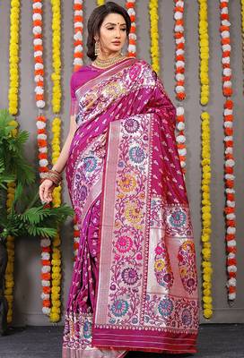 Magenta pink banarasi silk blend saree with multicolor floral zari weaving 1