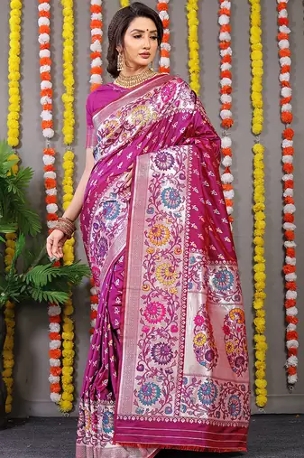 Magenta pink banarasi silk blend saree with multicolor floral zari weaving