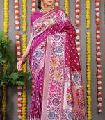 Magenta pink banarasi silk blend saree with multicolor floral zari weaving