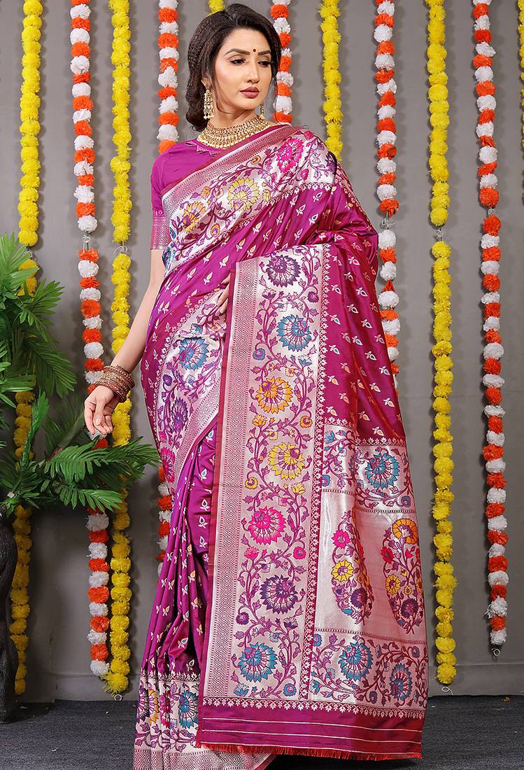 Magenta pink banarasi silk blend saree with multicolor floral zari weaving