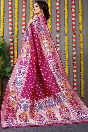 Magenta pink banarasi silk blend saree with multicolor floral zari weaving