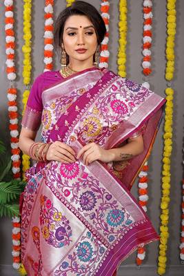 Magenta pink banarasi silk blend saree with multicolor floral zari weaving 3