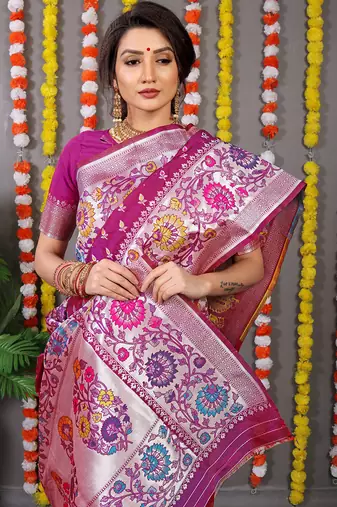 Magenta pink banarasi silk blend saree with multicolor floral zari weaving