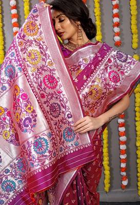 Magenta pink banarasi silk blend saree with multicolor floral zari weaving 4