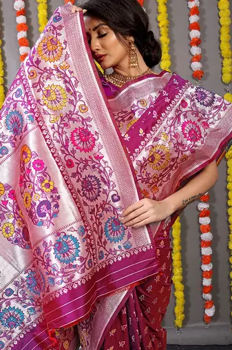 Magenta pink banarasi silk blend saree with multicolor floral zari weaving