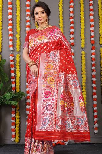 Red banarasi silk blend saree with multicolor floral zari weaving