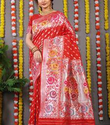 Red banarasi silk blend saree with multicolor floral zari weaving