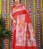 Red banarasi silk blend saree with multicolor floral zari weaving