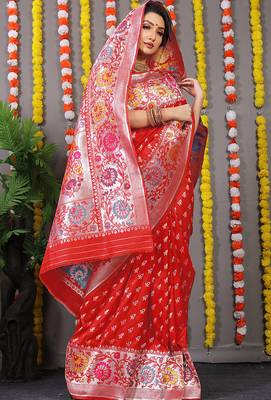 Red banarasi silk blend saree with multicolor floral zari weaving 2