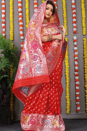 Red banarasi silk blend saree with multicolor floral zari weaving