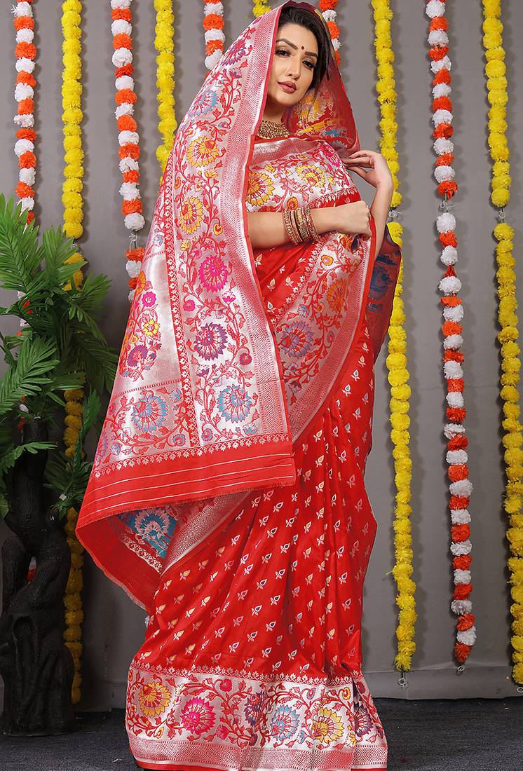 Red banarasi silk blend saree with multicolor floral zari weaving