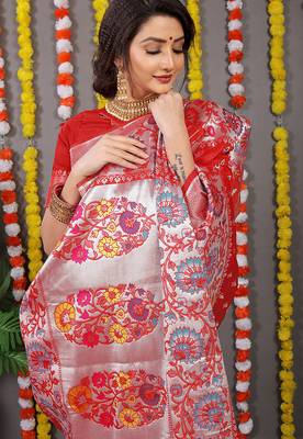 Red banarasi silk blend saree with multicolor floral zari weaving 4