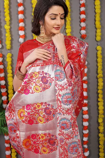 Red banarasi silk blend saree with multicolor floral zari weaving