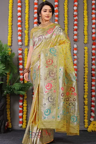 Mustard banarasi silk blend saree with multicolor floral zari weaving