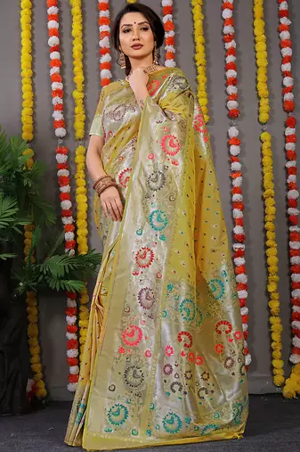Mustard banarasi silk blend saree with multicolor floral zari weaving